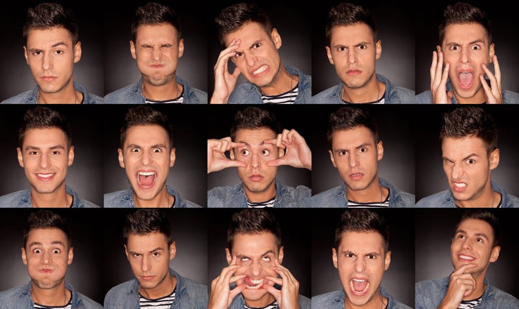 Set of portraits collage with 15 photos arranged in 5 columns and 3 rows. The collage showcases a young man making various facial expressions to demonstrate different emotions and help relax the facial muscles.
