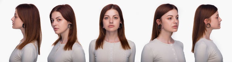 Set of 5 portraits collage featuring a brunette woman standing against a white background. The collage includes different angled views of her face, showcasing various perspectives.